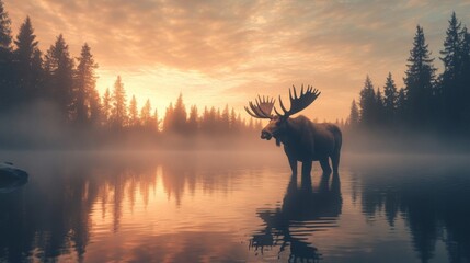 A majestic moose stands in a serene lake at sunrise, surrounded by misty trees, capturing the beauty of nature.