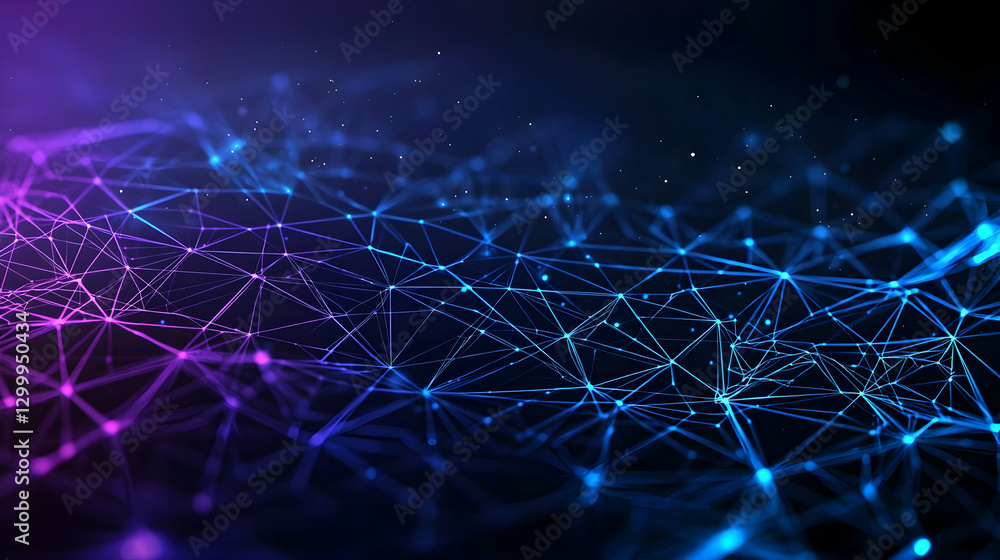 Poster abstract digital network connection with blue and purple glowing lines and dots in dark space
