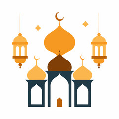 Islamic Eid Mosque Illustration with Hanging Lanterns & Calligraphy.