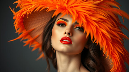 Fototapeta premium A woman with bright orange eyeshadow and lipstick wears a large orange feathered hat.