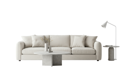 Modern living room interior design elements , sofa couch and furniture. cutout isolated on transparent.