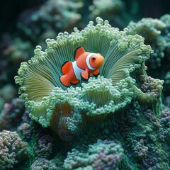 A vibrant clownfish nestled in a colorful sea anemone, showcasing the beauty of marine life in a coral reef environment.