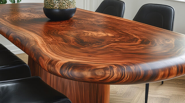 A polished monkey pod slab table with black chairs and a potted plant. Suitable for furniture websites, interior design blogs, and home decor marketing. Showcases natural elegance.