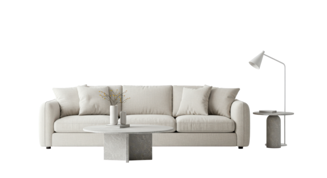Modern living room interior design elements , sofa couch and furniture. cutout isolated on transparent.