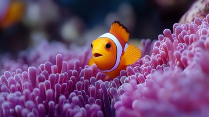 A vibrant clownfish swims among colorful anemones, showcasing the beauty of marine life in a coral reef ecosystem.
