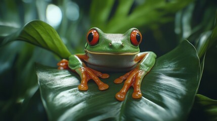 A vibrant green frog perched on a lush leaf, showcasing its distinctive orange eyes and webbed feet in a tropical setting.