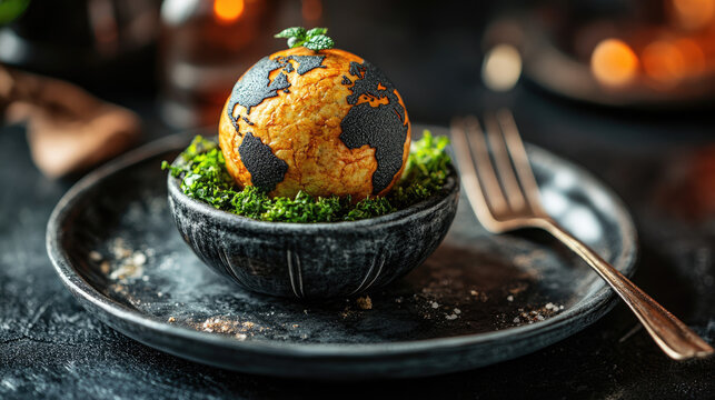 A culinary creation resembling planet Earth served in a bowl with greenery, next to a fork. Suitable for food art blogs, gastronomy websites, and creative cuisine content.

