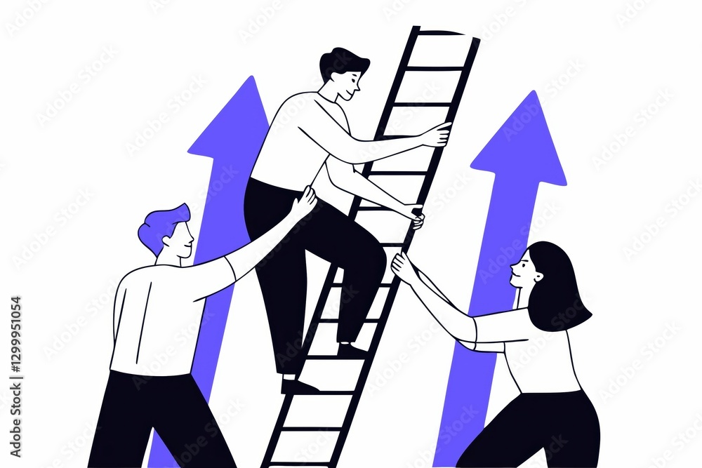 Poster a graphic illustration of three individuals supporting one another on a ladder, symbolizing teamwork