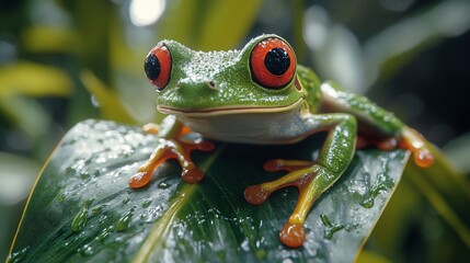 Fototapeta premium A vibrant green frog with striking red eyes perched on a lush leaf, showcasing the beauty of nature in a tropical rainforest.