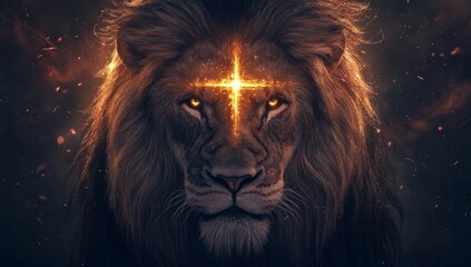 Naklejka premium A majestic lion with the glowing cross of Jesus Christ on its forehead.