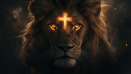 Fototapeta premium A majestic lion with the glowing cross of Jesus Christ on its forehead.