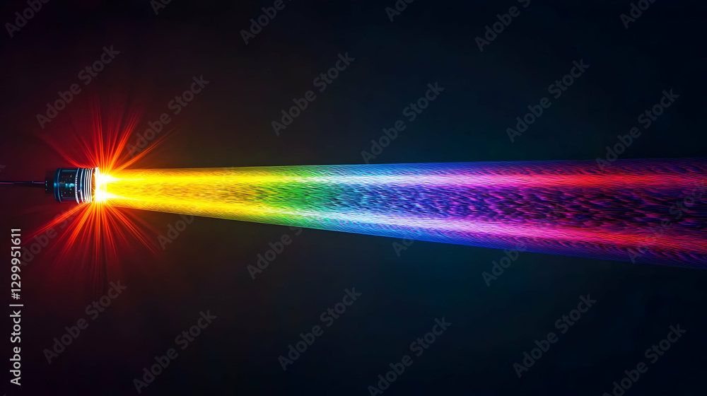 Poster bright rainbow light beam emerging from a dark background creating artistic spectrum with flare