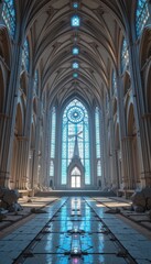 Fototapeta premium Majestic Gothic Cathedral Interior Tranquil Blue Stained Glass Windows Architectural Design