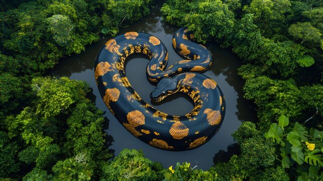 Large reticulated python resting in swamp, surrounded by lush green vegetation