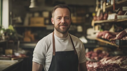 Fototapeta premium Butcher preparing fresh meat for sale local market lifestyle indoor