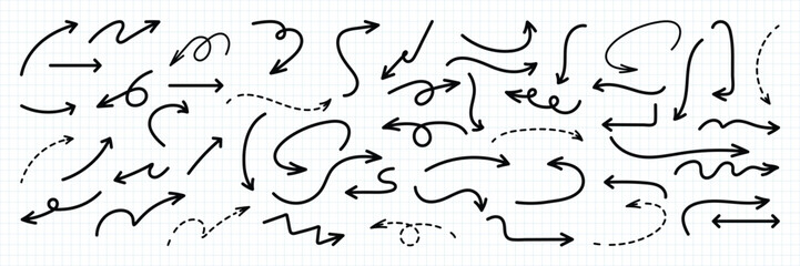 Hand Drawn Arrow set Set of simple lines hand drawn black arrows in various style
