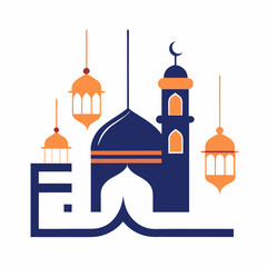 Minimalist Eid Mosque Design with Arabic Calligraphy & Lanterns.