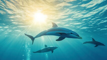 Fototapeta premium Playful Dolphins Swimming in Underwater Environment
