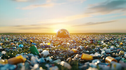 Vast Field of Plastic and Trash Under a Vibrant Sunset Sky with a Clear Horizon