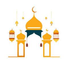 Minimalist Eid Mosque Design with Arabic Calligraphy & Lanterns.