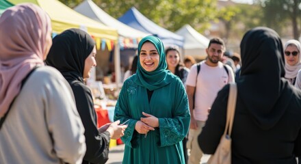 Smiling Woman in Teal Abaya at Outdoor Market