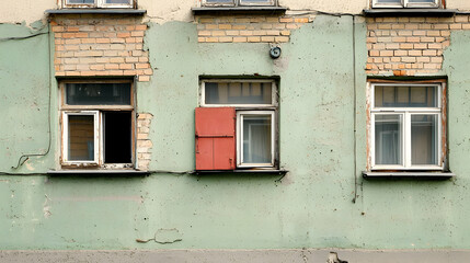 Damaged Building Facade Showing Bullet Holes and Weathered Exterior Wall