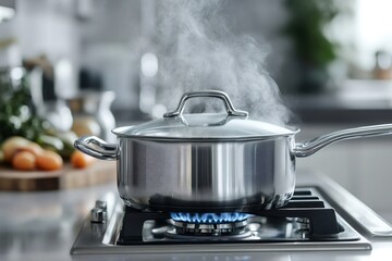 Steaming pot cooking on gas stove in modern kitchen