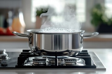 Steaming pot boiling water on stove in kitchen