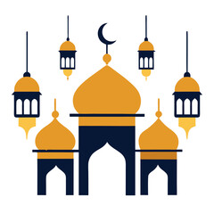 Elegant Mosque Illustration for Eid with Hanging Lanterns.
