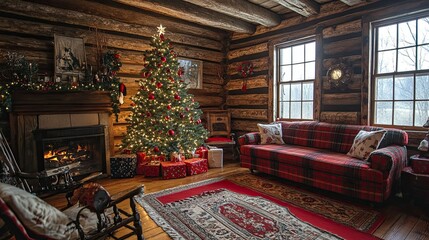 A traditional red-and-green tree in a log cabin.