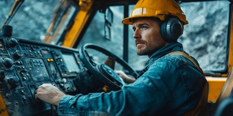 Heavy equipment operator driving industrial vehicle in quarry or mine