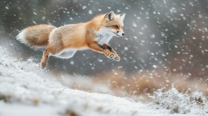 Obraz premium Red fox jumping in the snowy forest during snowfall