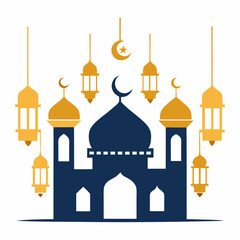 Elegant Mosque Illustration for Eid with Hanging Lanterns.