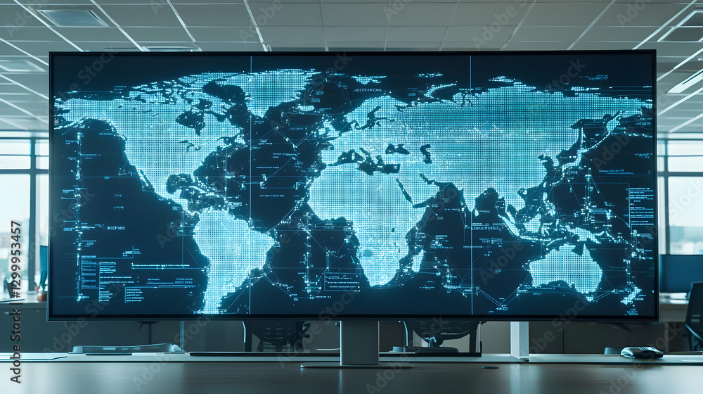 Poster illuminated world map displayed on a large monitor representing global data and technology