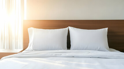 White Bed with Fluffy Pillows and Wooden Headboard in Bright Sunny Bedroom
