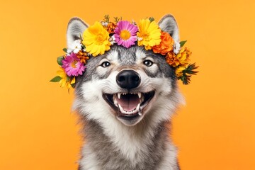 Isolated orange background, copy space, ad campaign idea. Cute baby animal arctic wolf wearing feral flower circlet on its head - symbol of sunny summertime. Animal in flower crown shot.