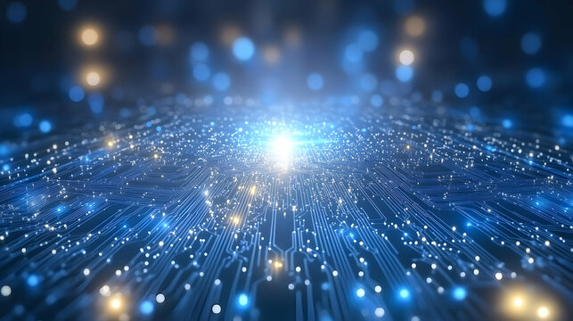 Abstract digital circuit board background; glowing blue and gold lines; technological innovation concept; futuristic data network.
