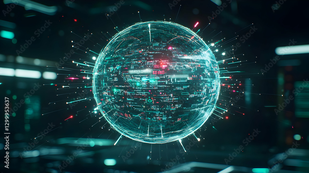 Poster digital sphere with connected data points illuminated in a dark environment