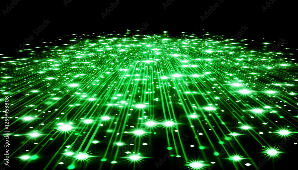 Poster abstract green light streaks and sparkling stars converging towards the viewer, creating a dynamic a