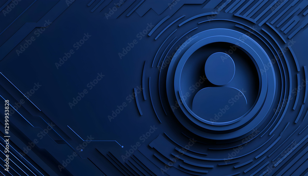 Poster abstract blue tech background featuring a user profile icon within concentric circles, ideal for tec