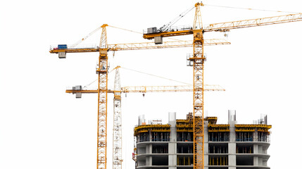 Construction Cranes Against Building Under Bright Daylight Sky