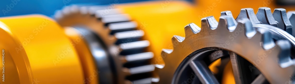 Poster close up of interlocking metal gears with yellow components