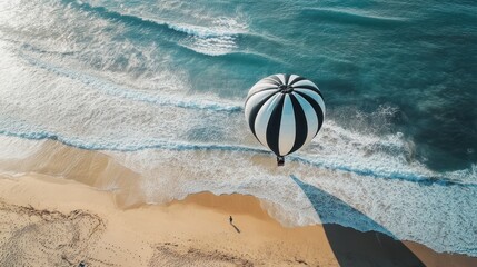 Obraz premium Hot air balloon flight over beach, ocean waves, aerial view, travel