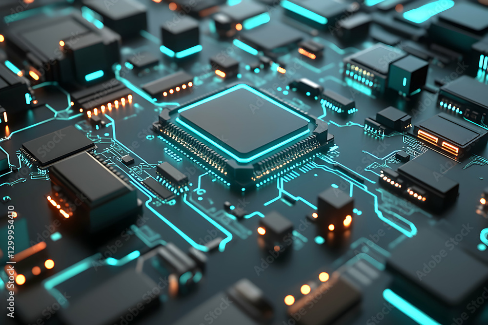 Poster abstract close-up of a futuristic circuit board with glowing teal lines and black components. perfec