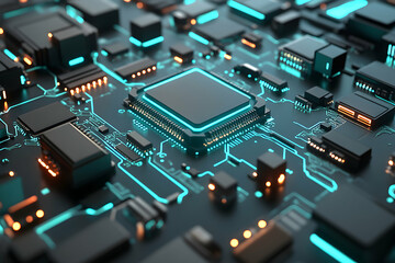 Abstract close-up of a futuristic circuit board with glowing teal lines and black components.  Perfect for technology, innovation, and digital concepts.