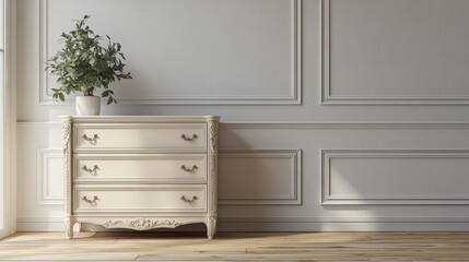 Fototapeta premium Stylish chest of drawers in a spacious Hollywood glam interior with natural light