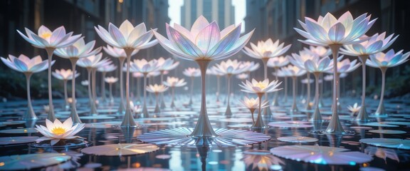 Serene Water Lilies in a Futuristic Cityscape Dreamlike Aquatic Scene with Glowing Flowers