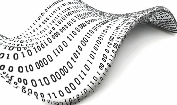 Abstract 3D rendering of binary code forming a wave, showcasing digital data flow and technological innovation.