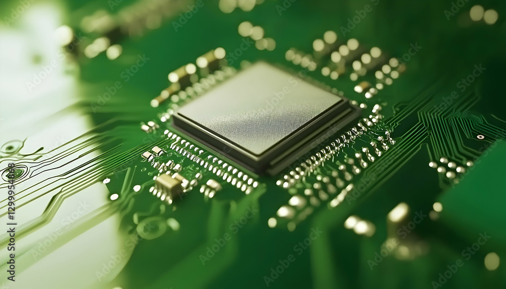 Poster close-up of a microchip on a green circuit board, showcasing intricate details of technology and inn