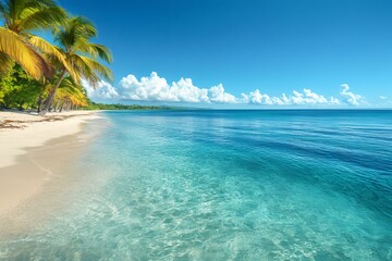 Fototapeta premium Tropical beach with coconut palm trees and turquoise water inviting to swim
